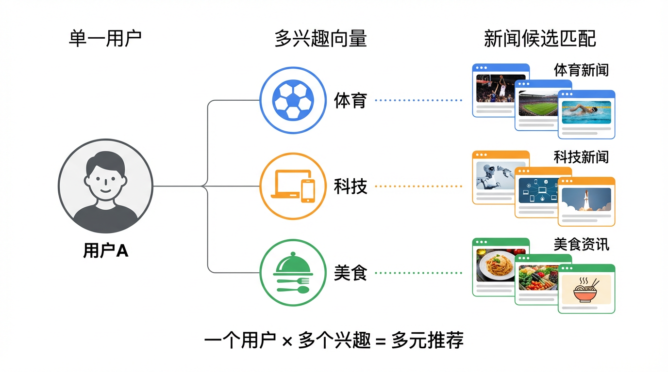 多兴趣建模示意：一个人不止一个兴趣