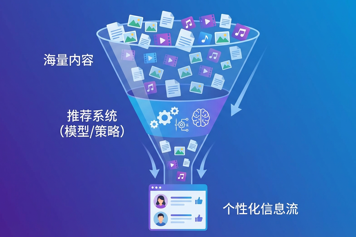 推荐系统作为信息过滤器的示意图